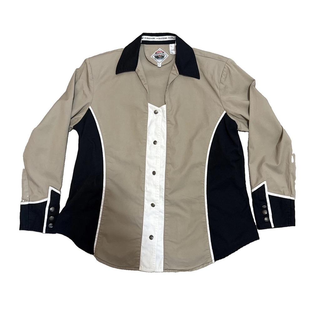 Vtg Cumberland Outfitters Tan Black White Color Block Western Shirt Womens-Lrg